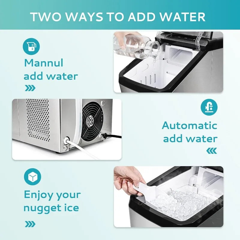 Nugget Ice Maker Countertop - 2 Way Refill, Self-Cleaning